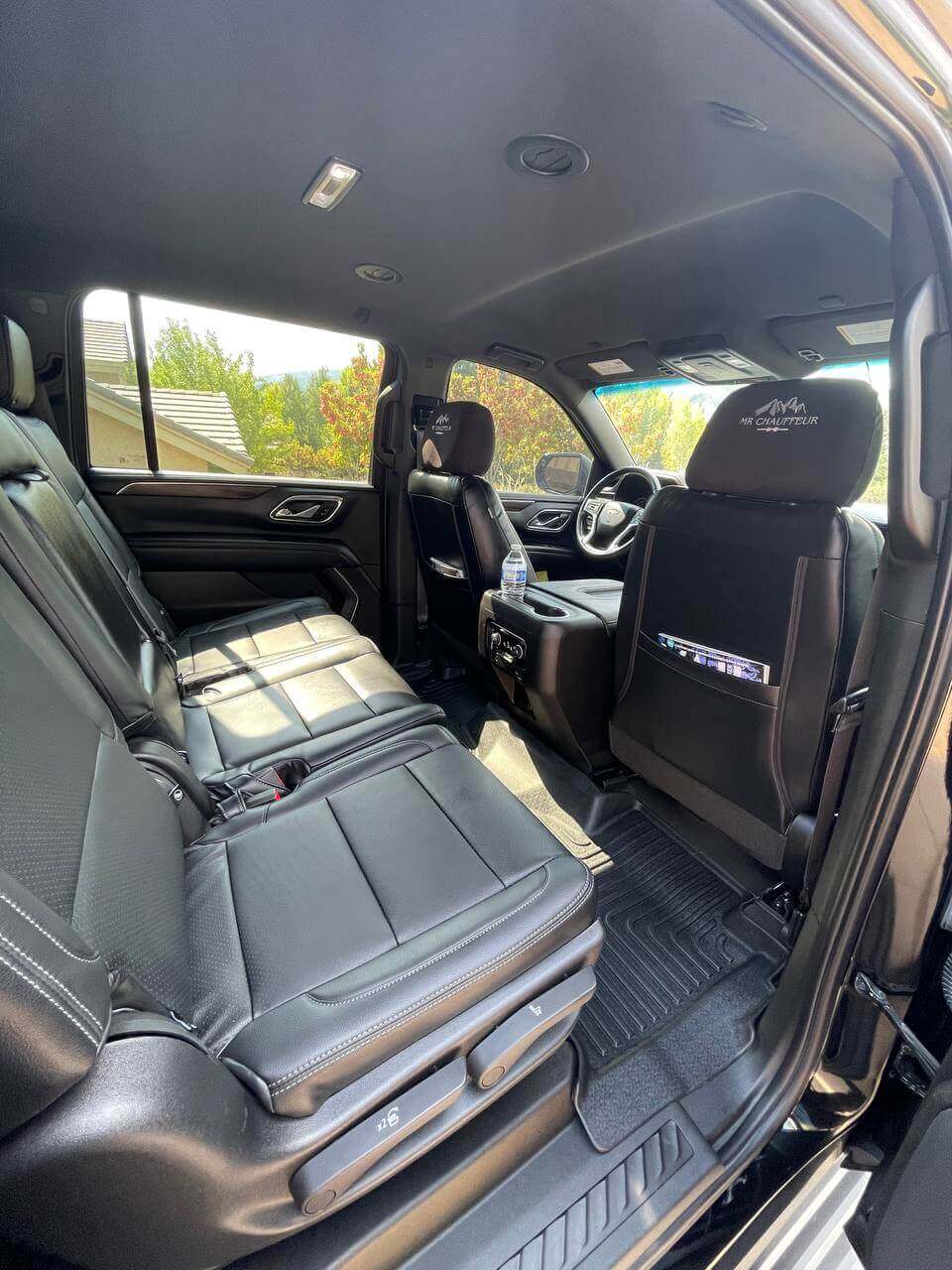 Luxury SUV interior with black leather seats and premium comfort — private shuttle and airport transfer service in Aspen, Vail, and Breckenridge Colorado